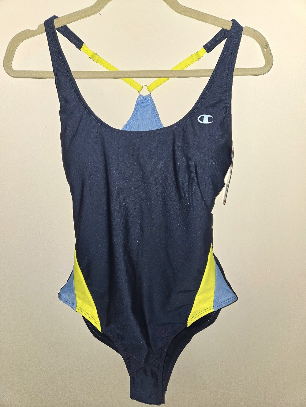 Champion Navy One-Piece Swimsuit with Yellow and Light Blue Accents